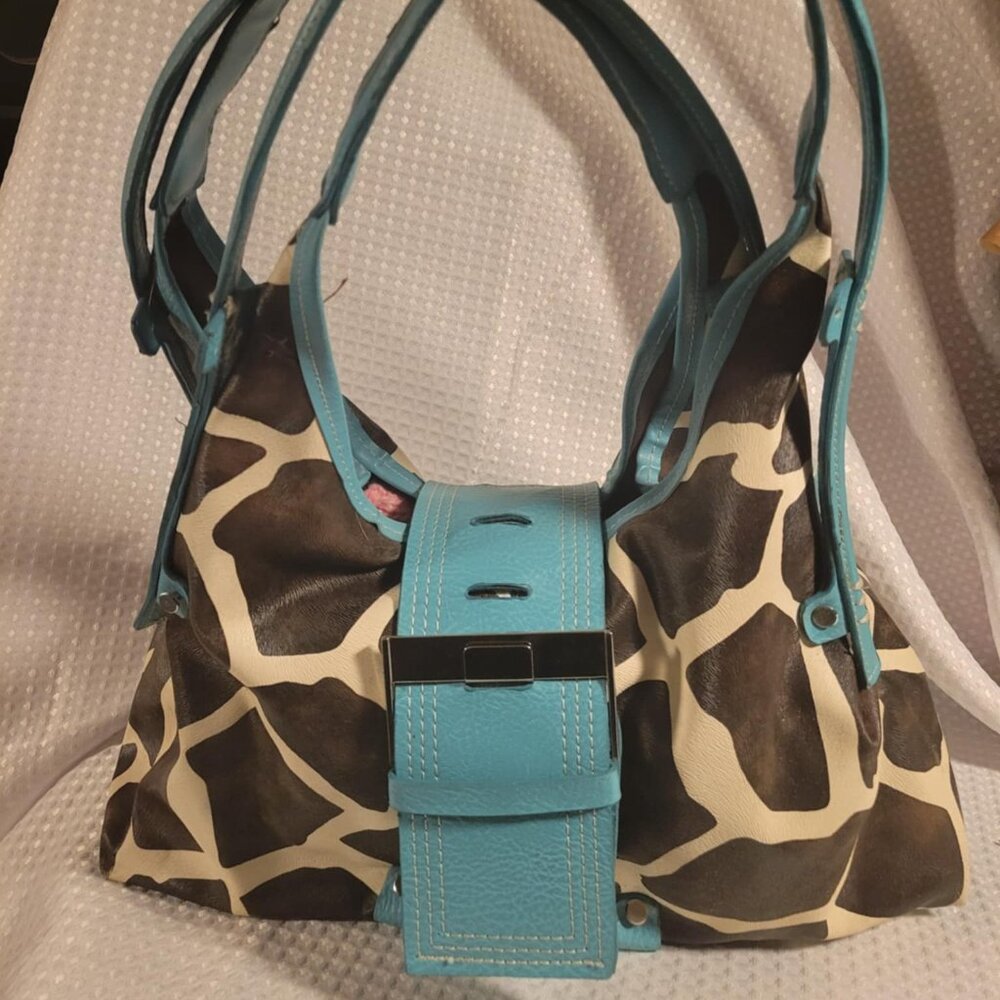 Cowgirl Large Cow Print and Turquoise Shoulder Handbag Purse large front buckle